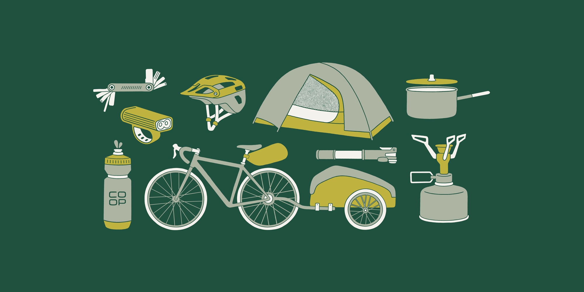 Bikepacking kit laydown illustration including a road bike with a seat pack and bike trailer attached, a tent, portable stove, saucepan, water bottle, multi-tool, bike light, bike helmet, and bike pump.