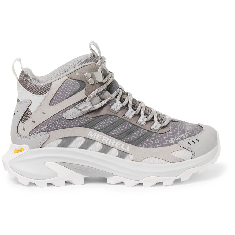A side view of a mid-cut grey hiking boot from the brand Merrell.