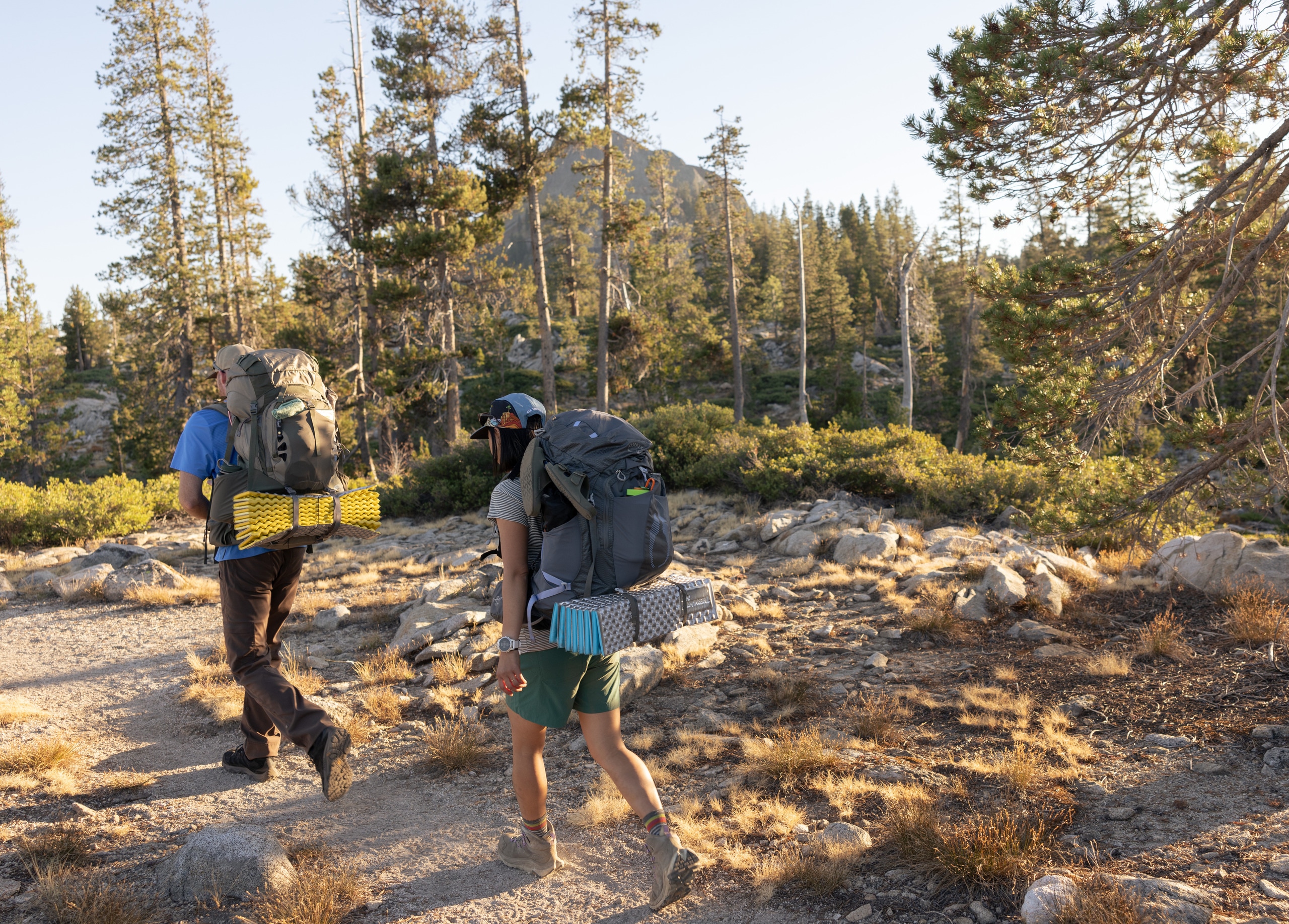 Two backpackers carrying Osprey backpacks hike a trail in the forest.