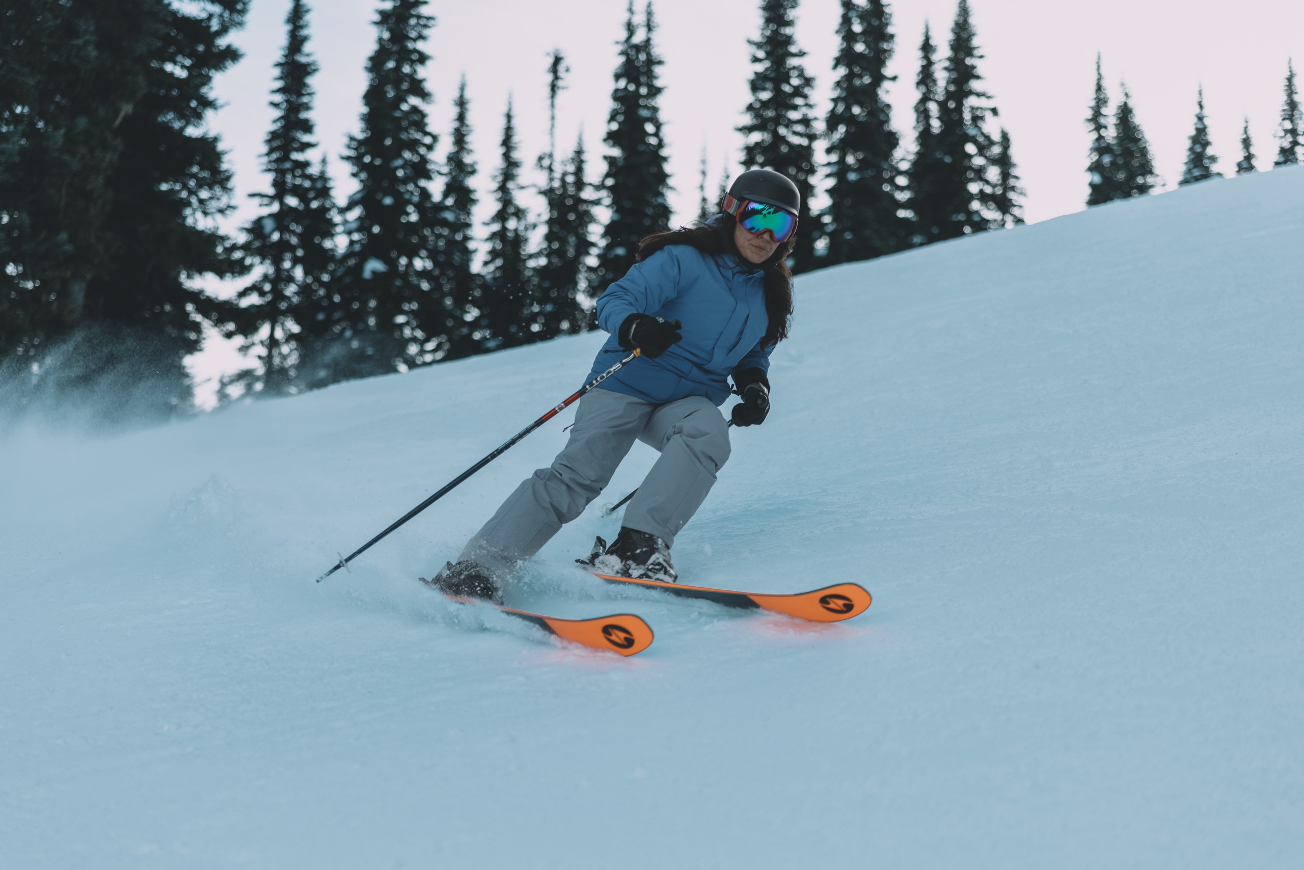 A skier carves on a treed slope
