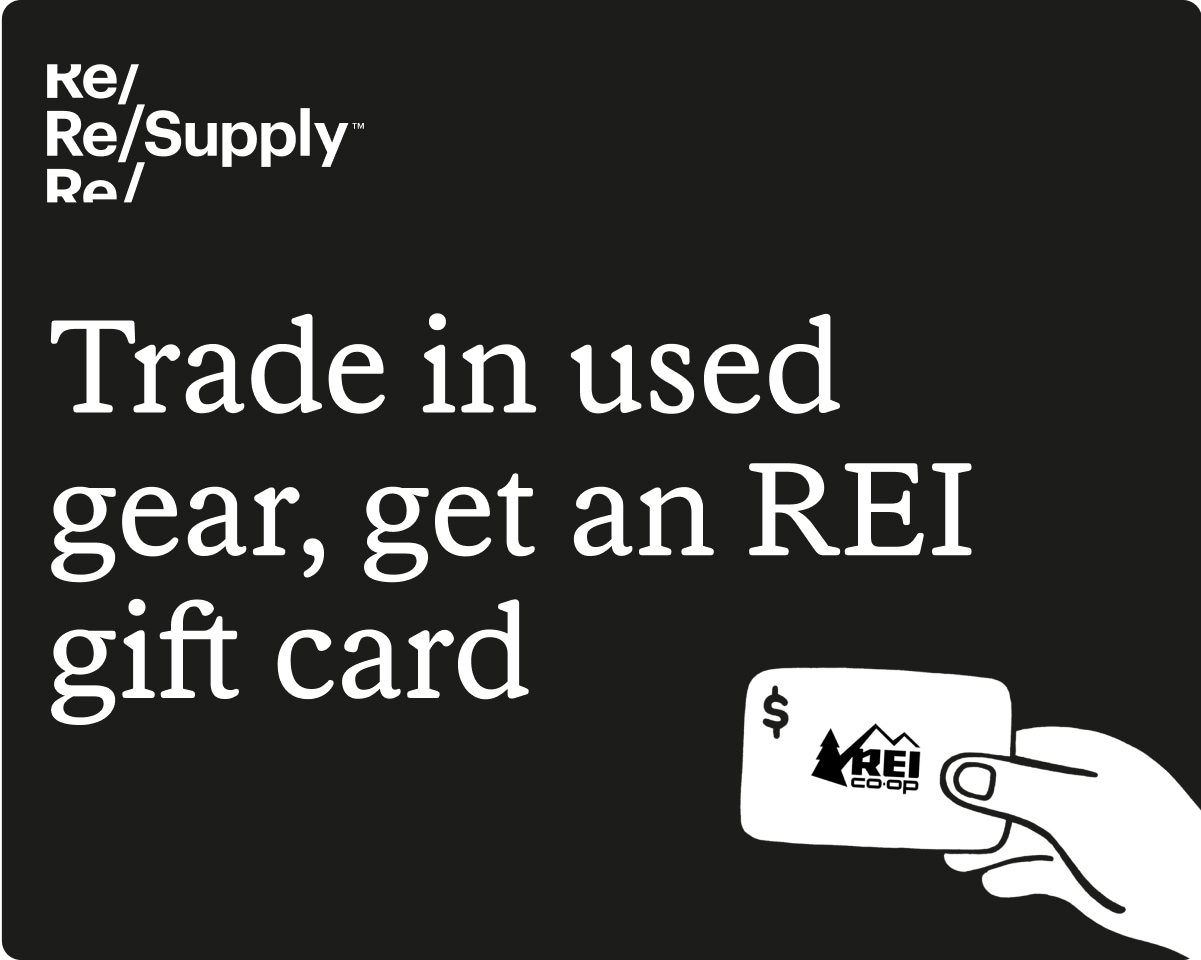 Trade in used gear, get an R E I gift card. An illustration of a hand holding a gift card.