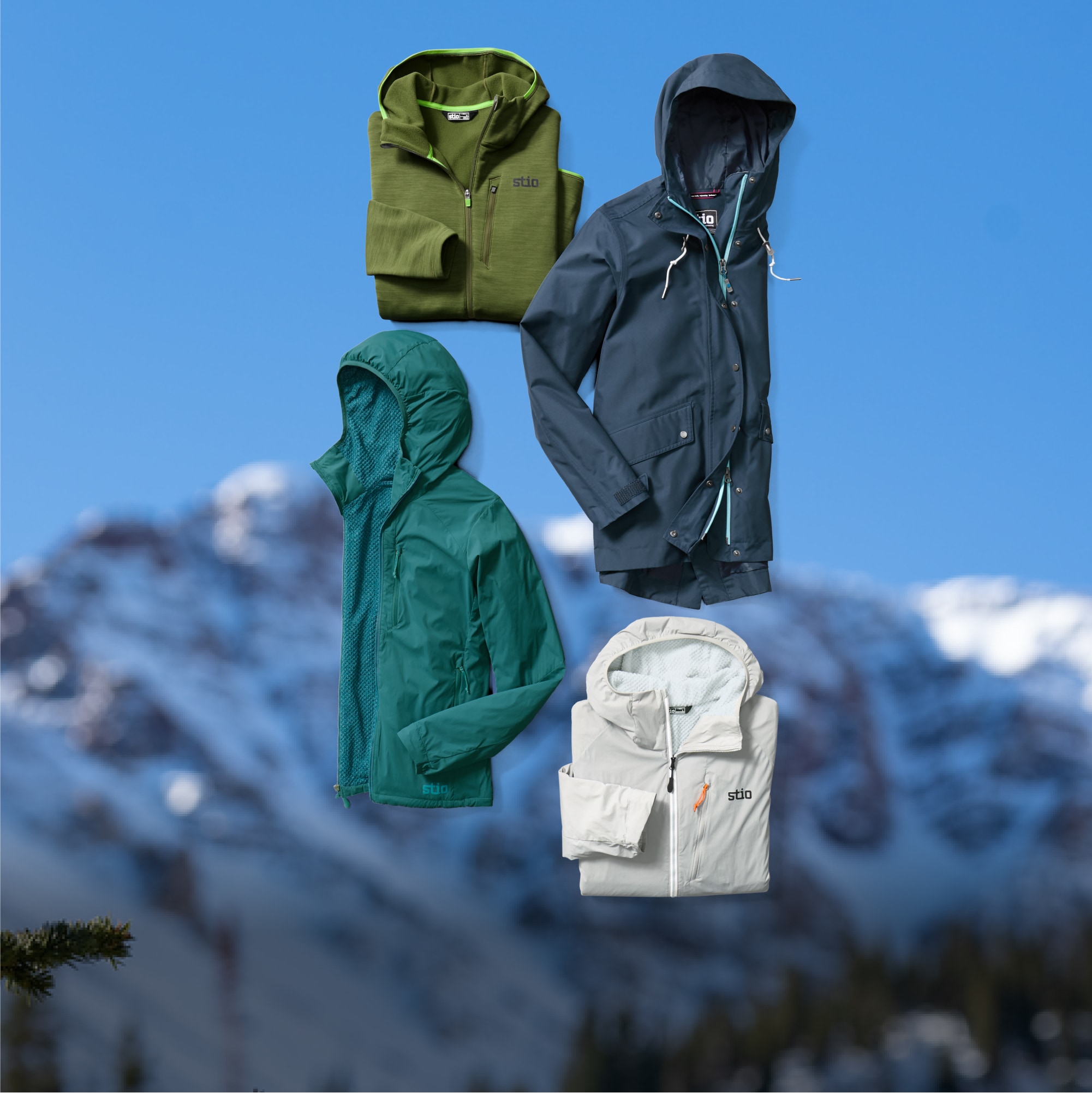 A collage of Stio clothing over an image of snowy mountains.