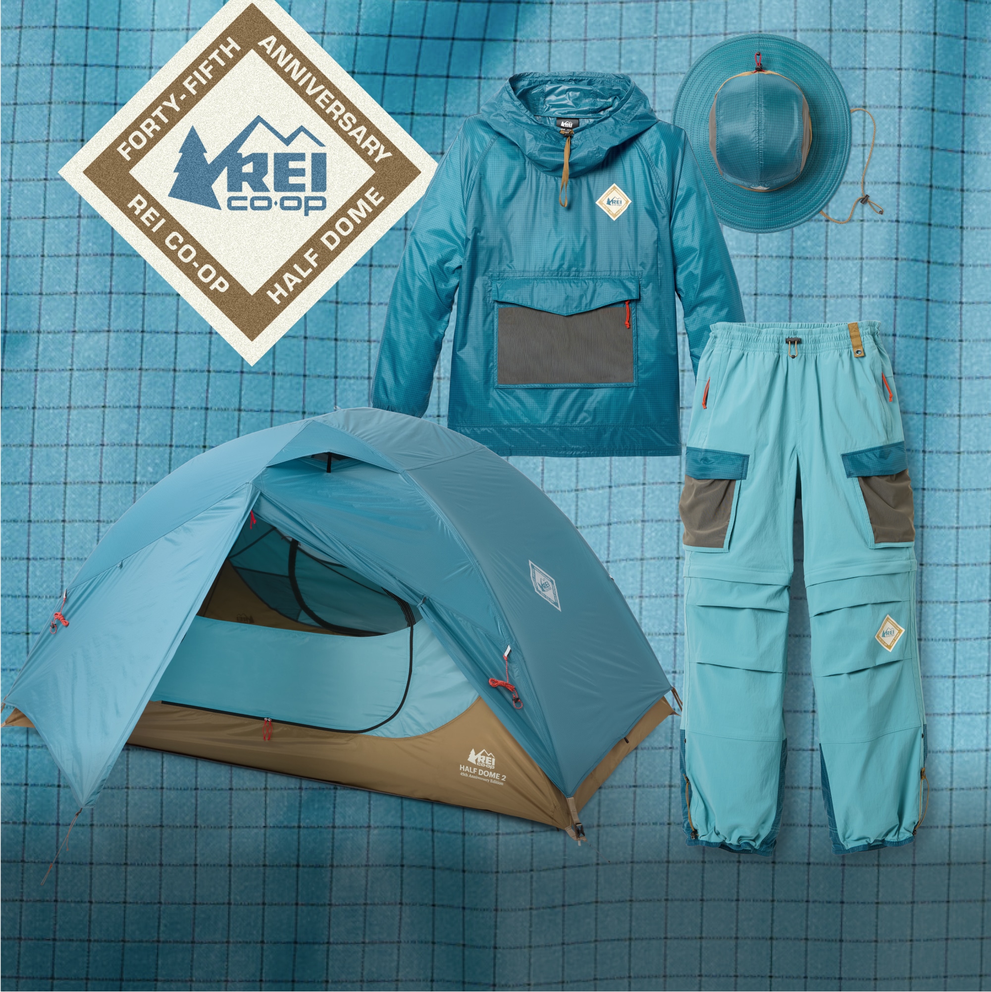 An R E I Co-op Half Dome tent with a selection of R E I Co-op gear.