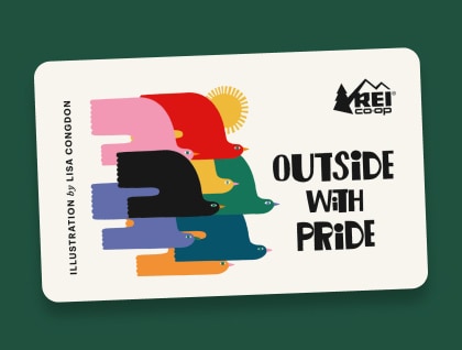 An R E I Co-op gift card that reads 'Outside with pride' with a flock of colorful birds.