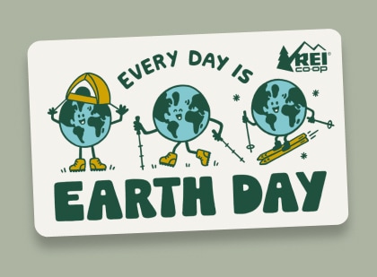 An earth-themed R E I Co-op gift card that reads 'Every day is Earth Day.'