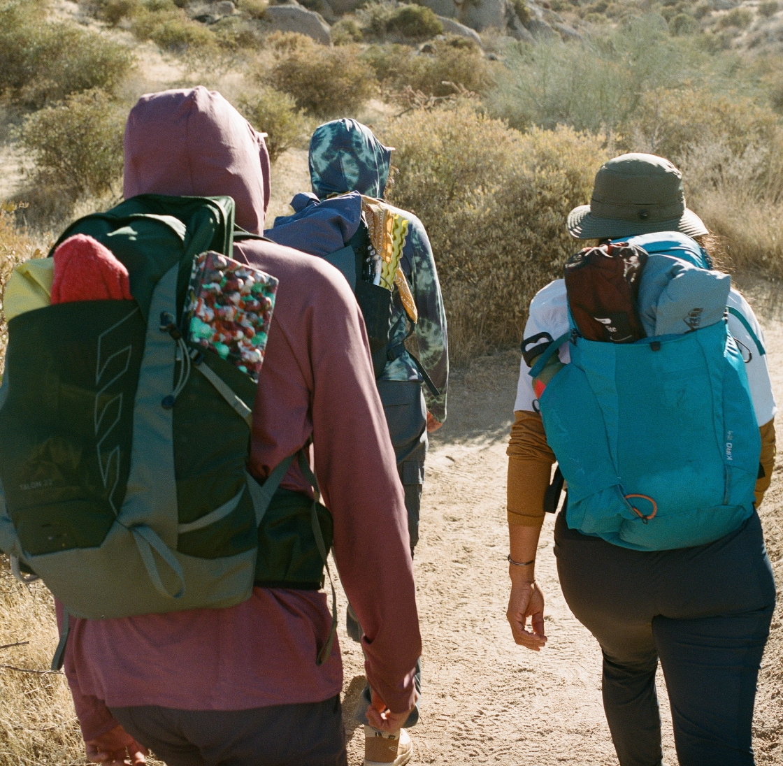 A group of people hike along a trail with their hiking packs on.