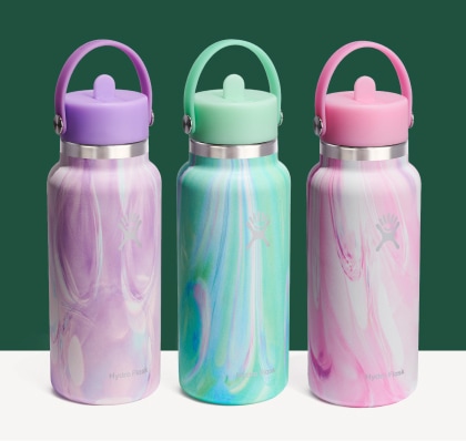 Three Hydro Flask water bottles in limited-edition colors.