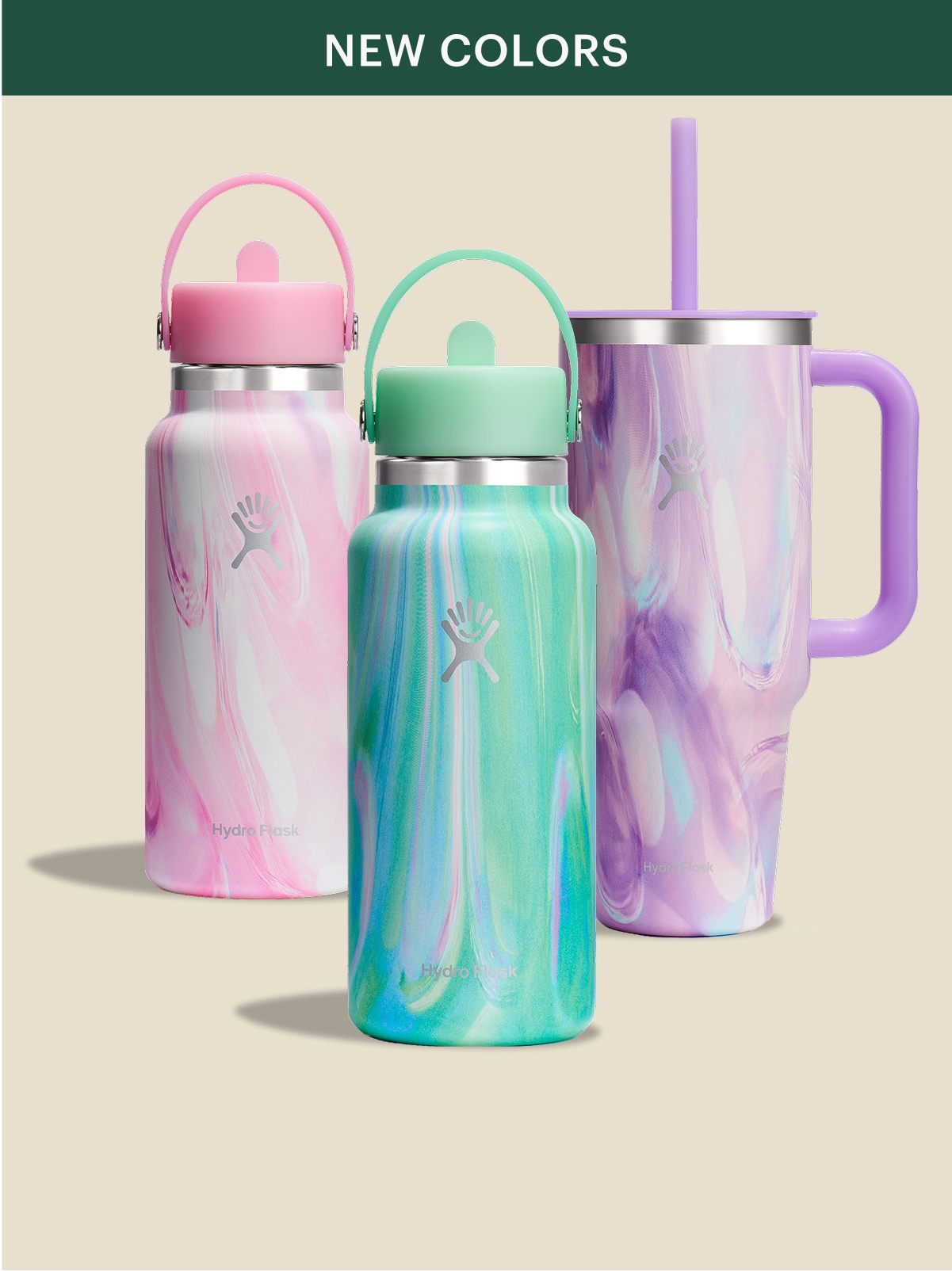 Three Hydro Flask bottles in new, limited-edition colors.