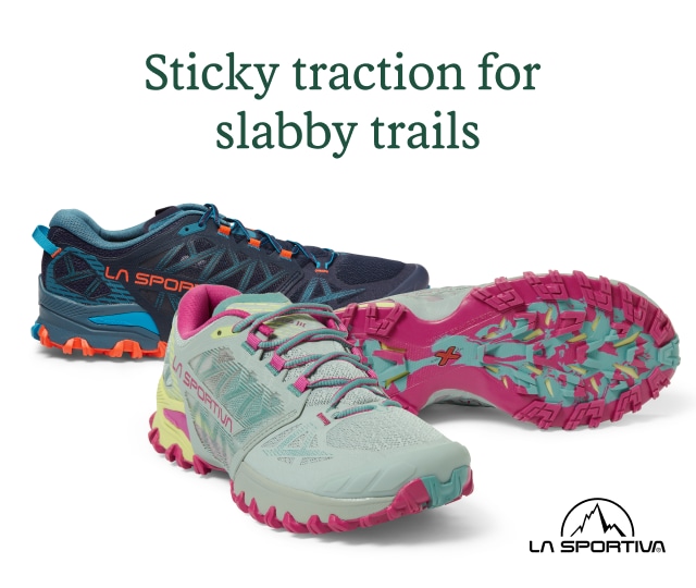 La Sportiva trail-running shoes. Headline: Sticky traction for slabby trails