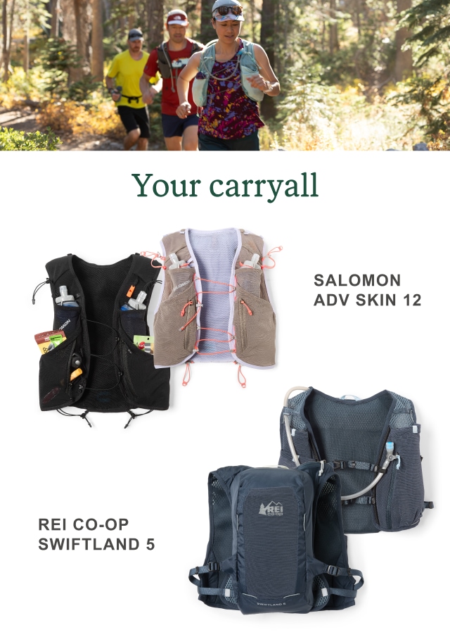 Salomon and REI Co-op hydration vests. Headline: Your carryall