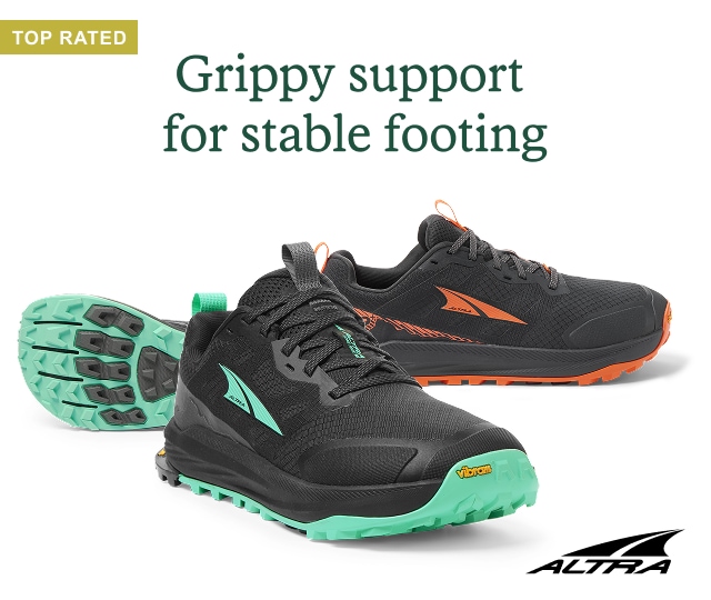 Altra trail-running shoes. Headline: Grippy support for stable footing. TOP RATED