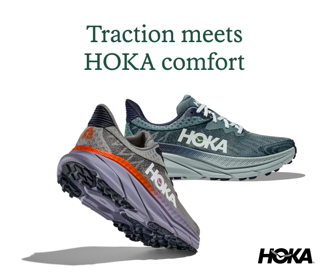 HOKA trail-running shoes. Headline: Traction meets HOKA comfort