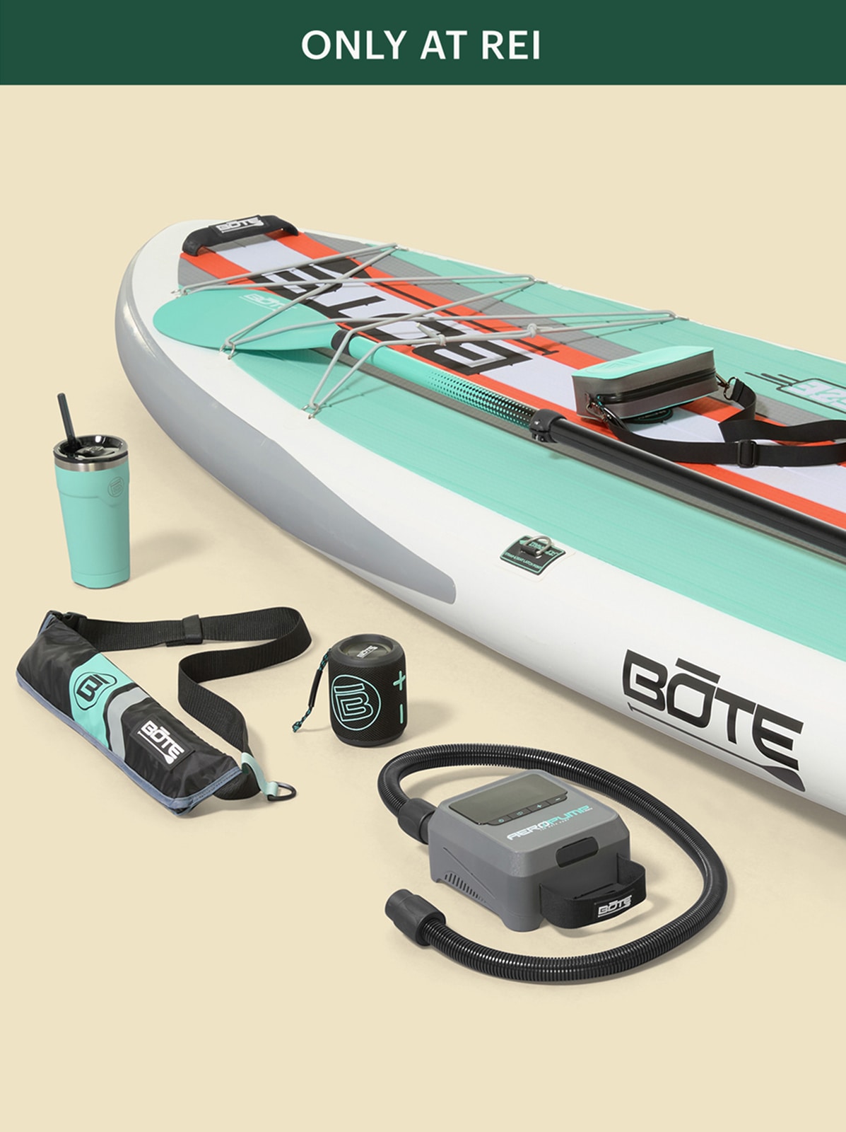 A BOTE Breeze Aero BLOOM inflatable paddle board and accessories.