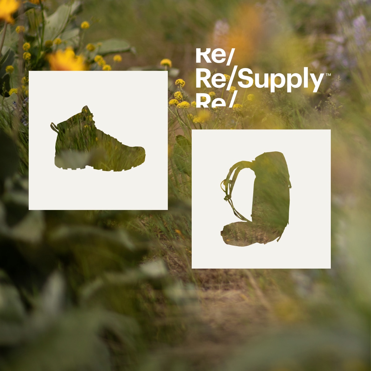 Re/Supply. An outline of a hiking shoe and a backpack over an image of flowers.