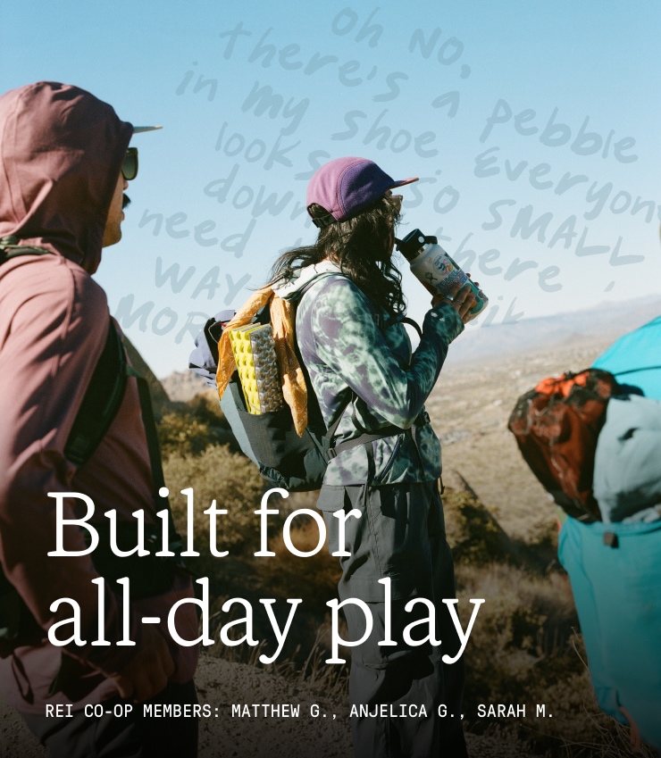 Group of friends take in view. Headline: Built for all-day play