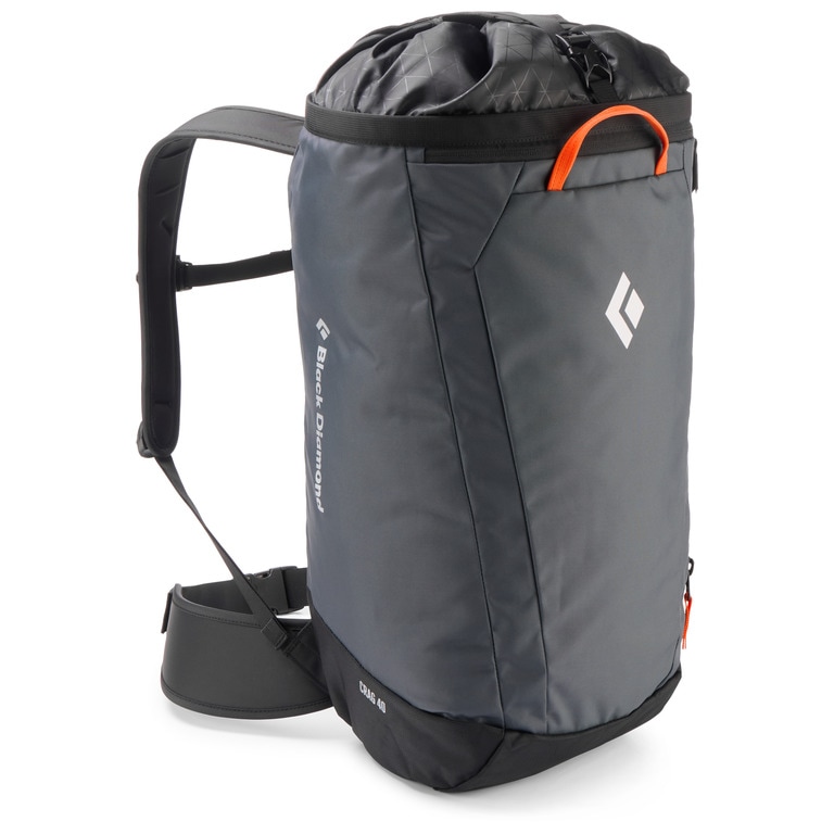 A 40-liter climbing backpack standing up against a white background