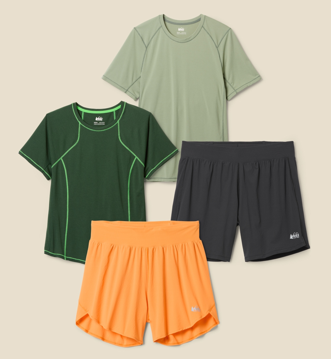 A collage of running clothing from the R E I Co-op Swiftland brand.