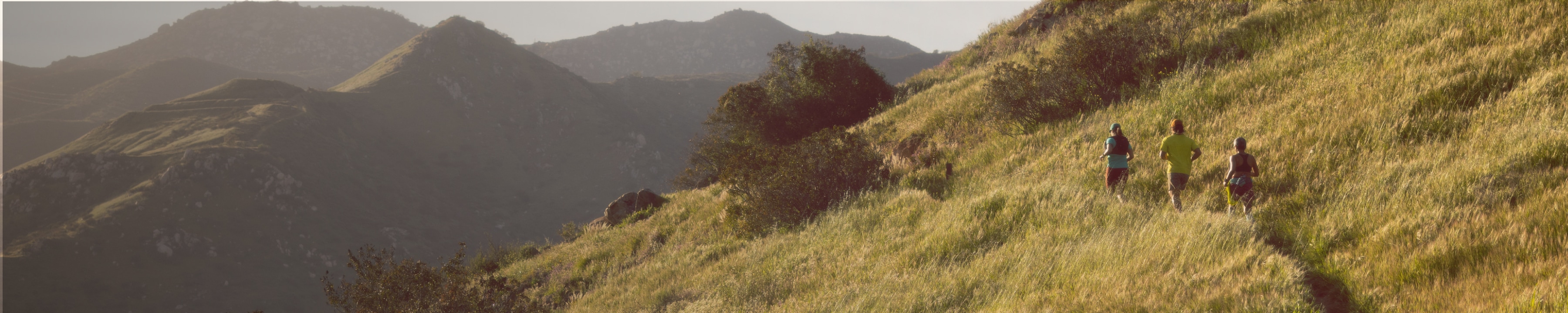 Three people run through a trail on a grassy hillside.