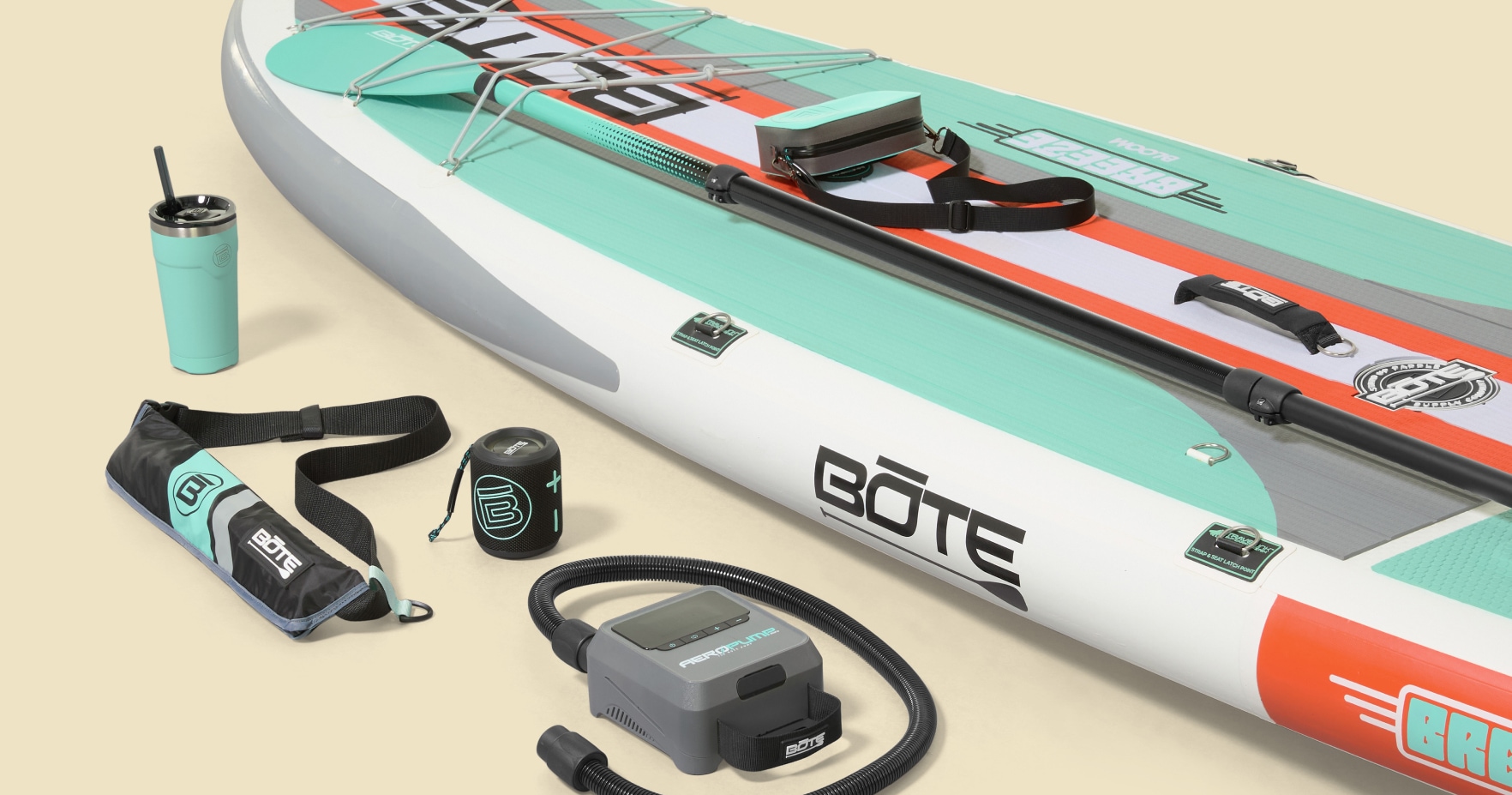 A BOTE paddle board with matching accessories.