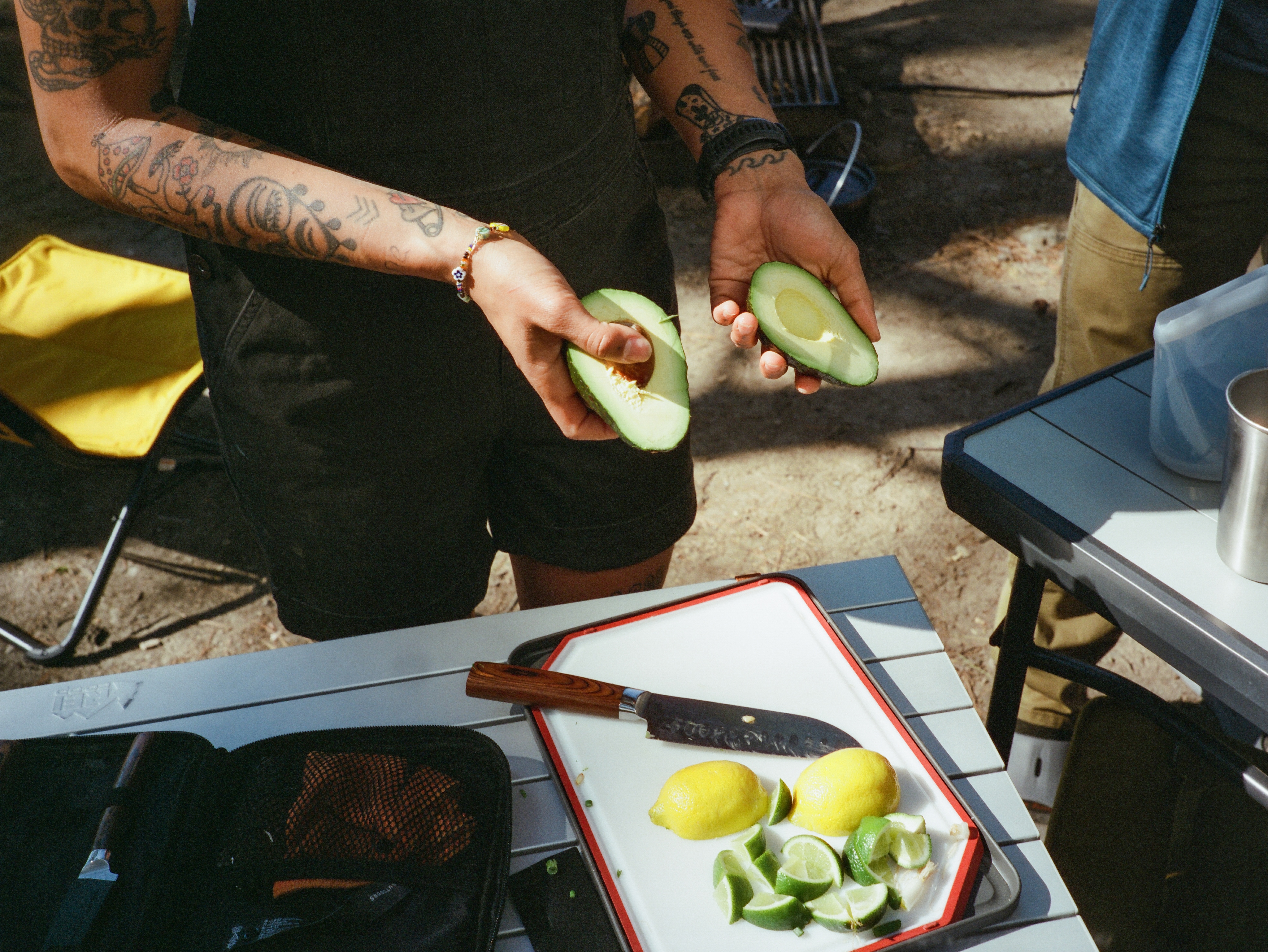 A person slices lemons, limes, & avocados at their campsite.