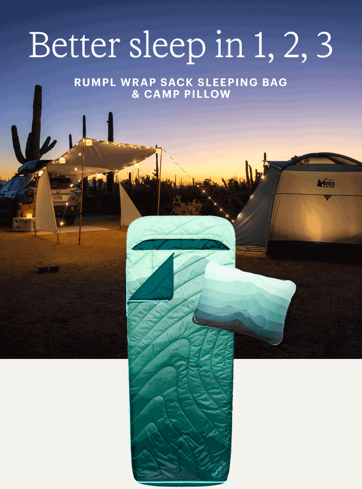 Rumpl Wrap Sleeping Bag & Pillow. Headline: Better sleep in 1, 2, 3