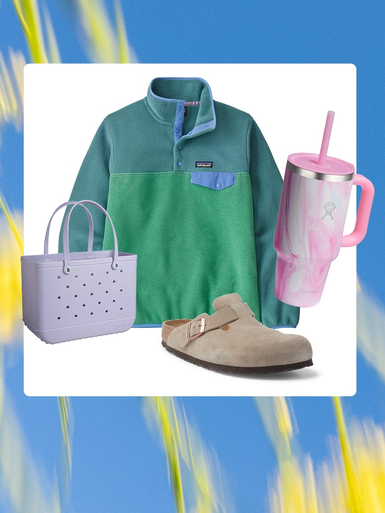 A collage of clothing & gear over an image of flowers.