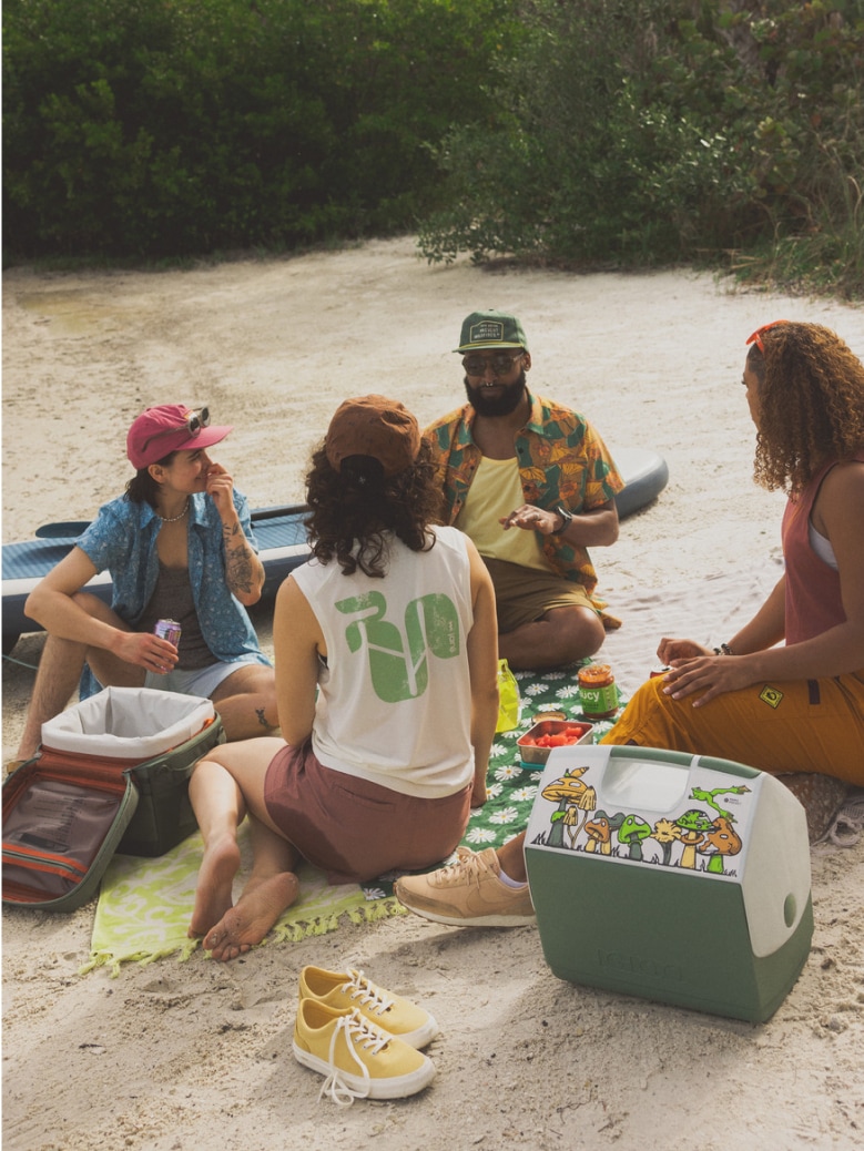 A group of people spending time together on the sand with their coolers & water accessories.