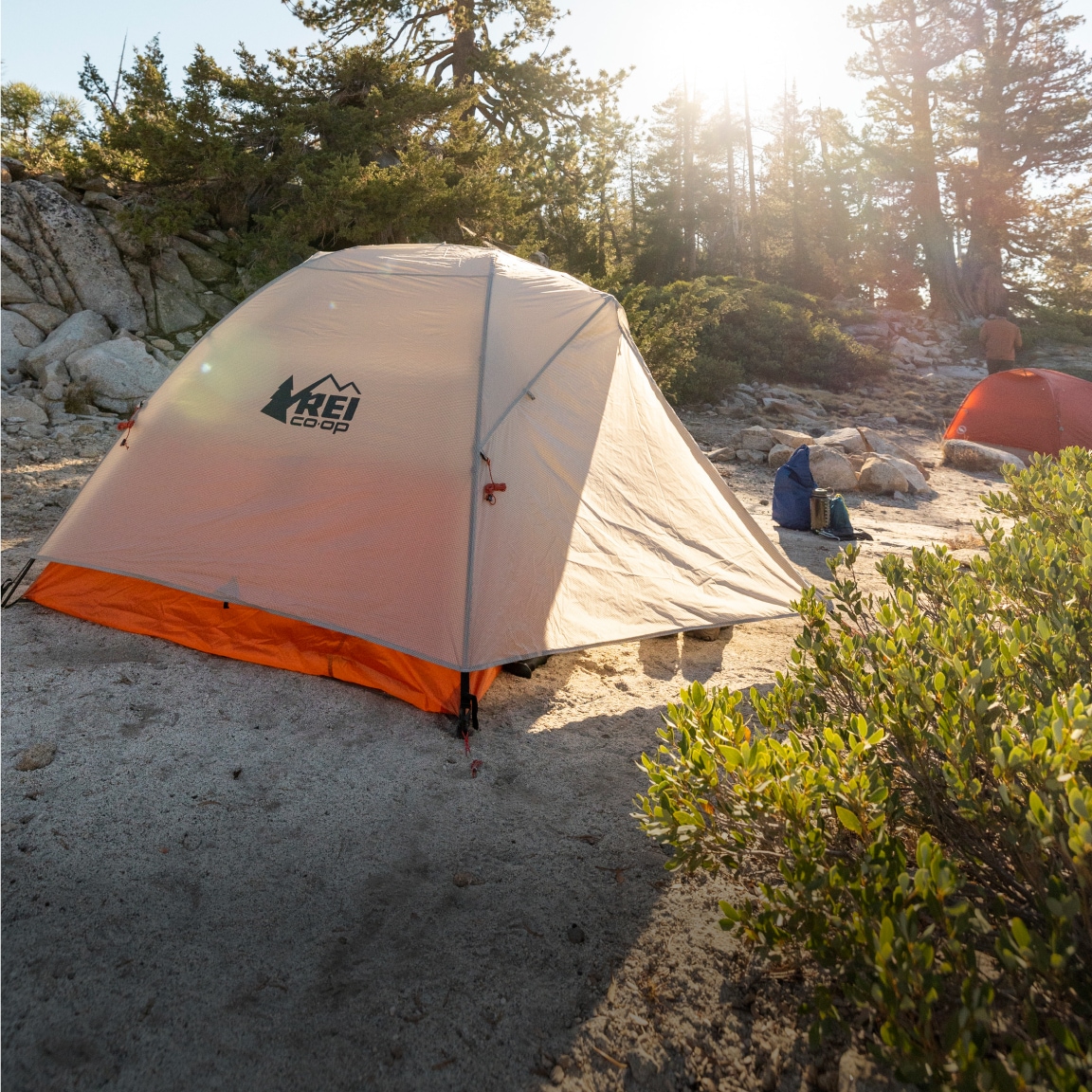 A campsite setup with an R E I Co-op tent.