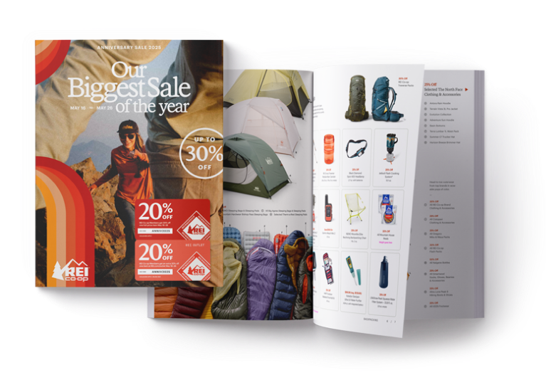 The front of the Anniversary Sale catalog & two pages showing tents, sleeping bags & pads, & various camping gear.