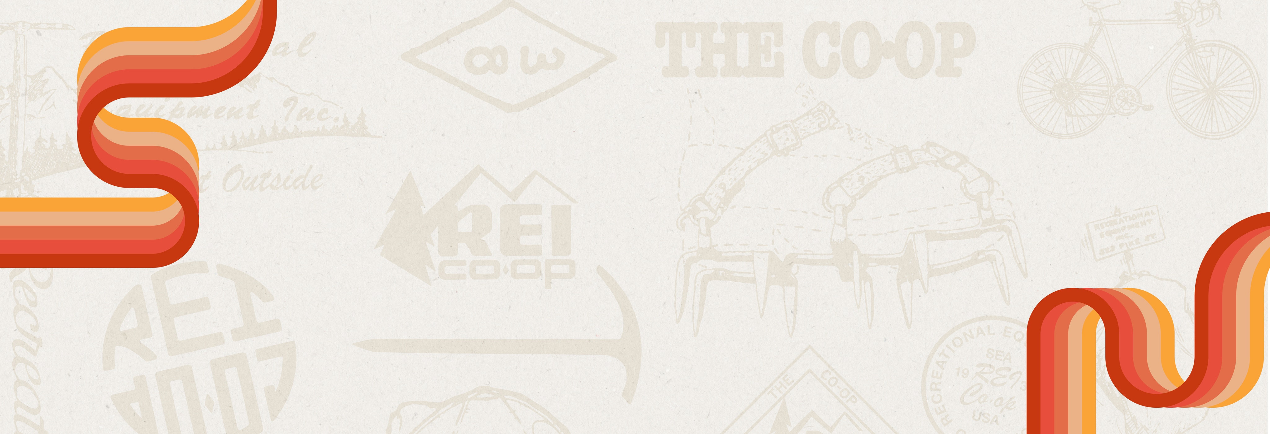 A collage of various outdoor-related icons like a bike & a pickaxe.