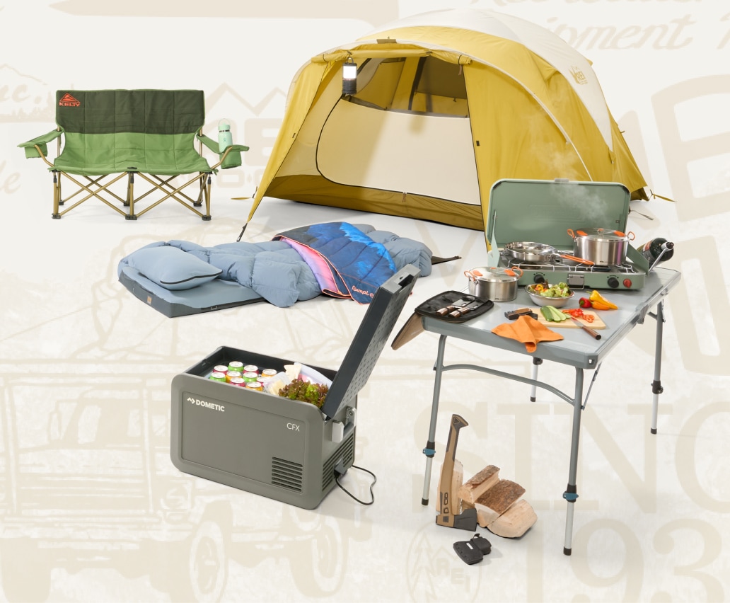A tent, sleep bag, sleeping pad, camp chair, & cookware.