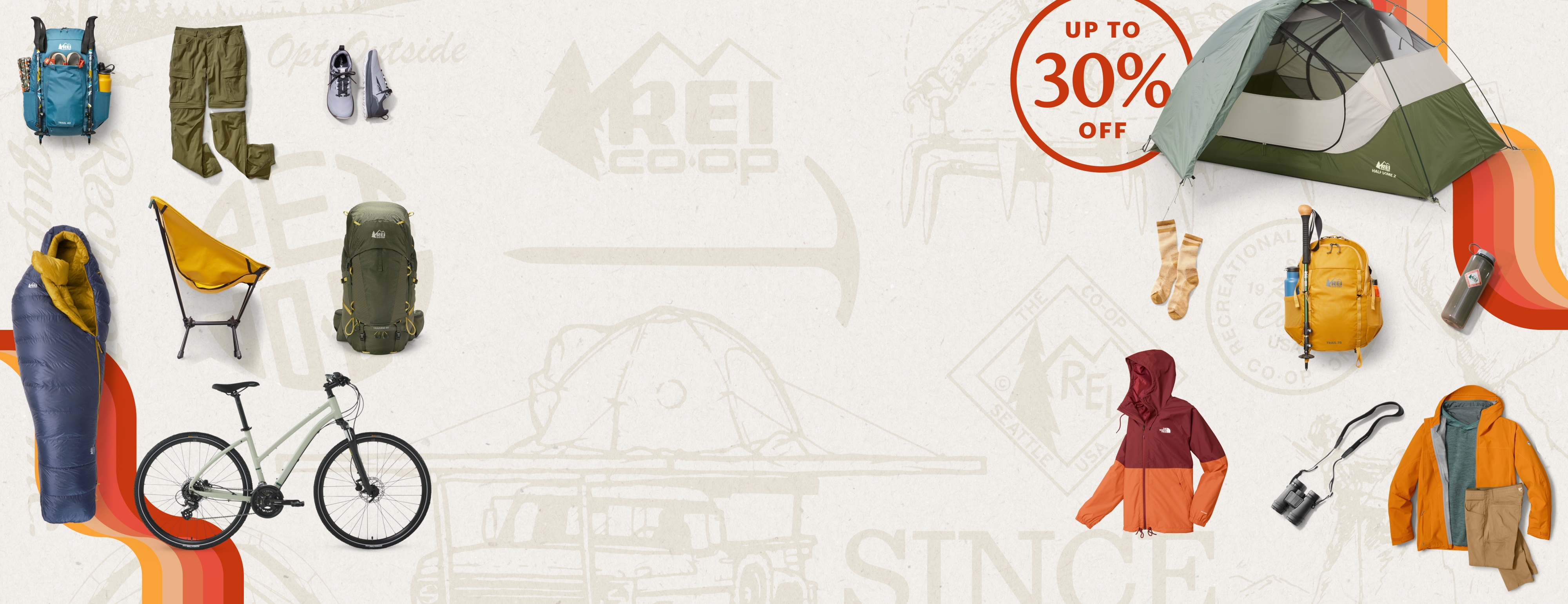 A collage of clothing & gear against a backdrop of vintage-inspired outdoorsy icons.