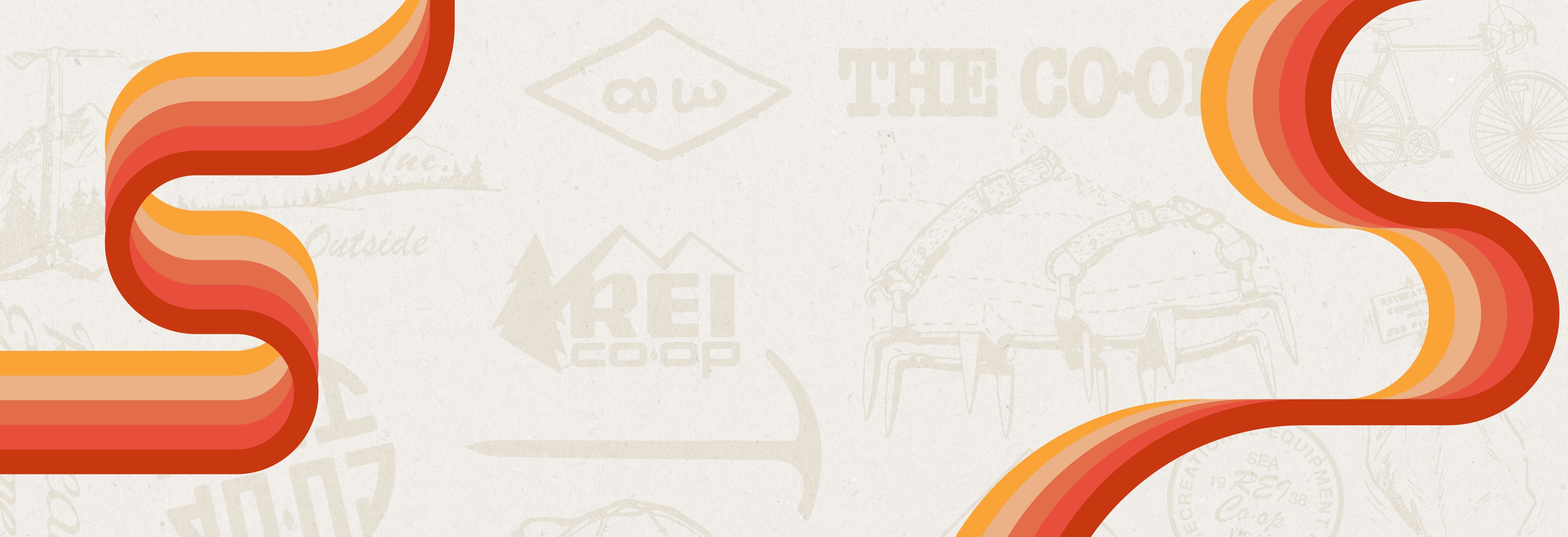 A collage of various outdoor-related icons like a bike & a pickaxe.