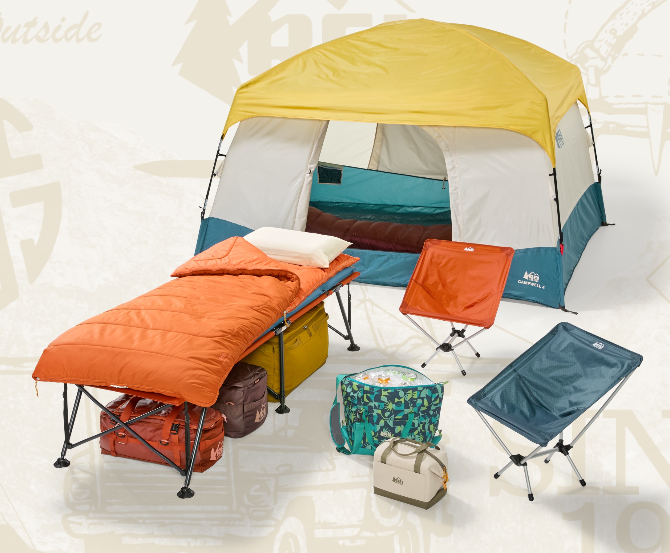 Various camp gear including a tent, camp chairs, sleeping bag and pad.