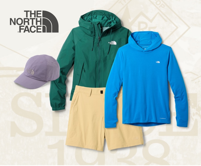Jackets, tops, shorts, & a hat from The North Face.