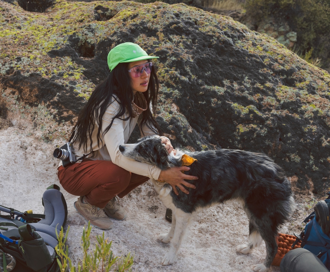 A person crouches down to pet their pup.
