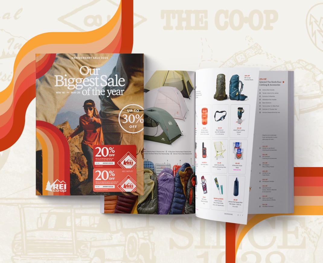 The front of the Anniversary Sale catalog & two pages showing tents, sleeping bags & pads, & various camping gear.