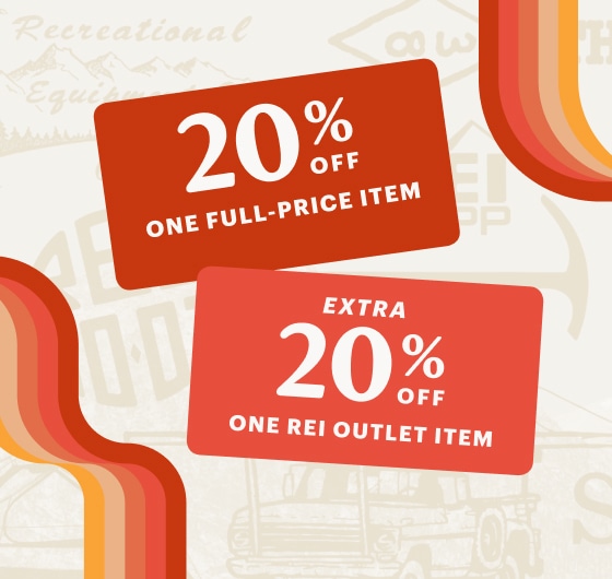Two member coupons. One for 20% off one full-price item and one for 20% off one R E I Outlet item. A collage of vintage-inspired outdoorsy icons.