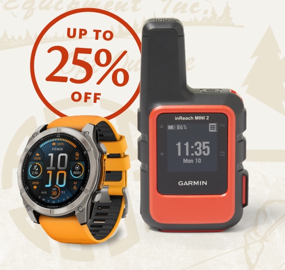 Up to 25% off. Electronics from Garmin. A collage of vintage-inspired outdoorsy icons.