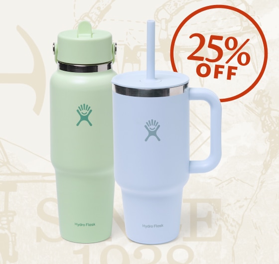 Drinkware from Hydro Flask. A collage of vintage-inspired outdoorsy icons.