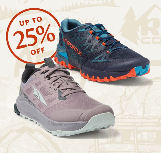 Up to 25% off. Running shoes from Altra and La Sportiva. A collage of vintage-inspired outdoorsy icons.
