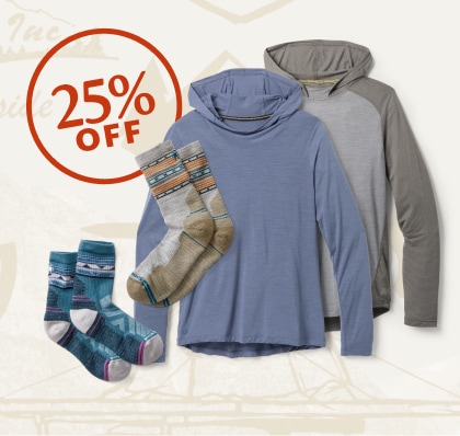 Socks and hoodies from Smartwool. A collage of vintage-inspired outdoorsy icons.