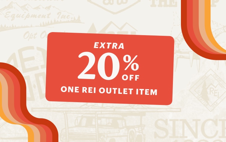 A Member Coupon for an extra 20% off one R E I Outlet item. A collage of vintage-inspired outdoorsy icons.