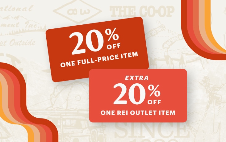 Two member coupons. One for 20% off one full-price item & one for 20% off one R E I Outlet item. A collage of vintage-inspired outdoorsy icons.
