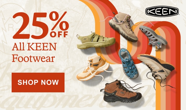 KEEN shoes. Headline: 25% OFF All KEEN Footwear. Click here to SHOP NOW