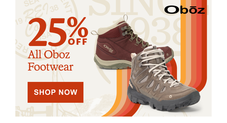 Variety of Oboz Footwear. Headline: 25% OFF All Oboz Footwear. Click here to SHOP NOW