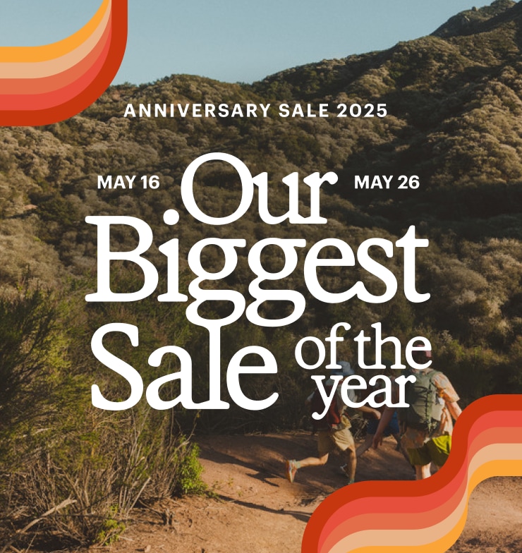 Clothing and gear on sale. Headline: ANNIVERSARY SALE 2025. Our Biggest Sale of the year. MAY 16 - MAY 26