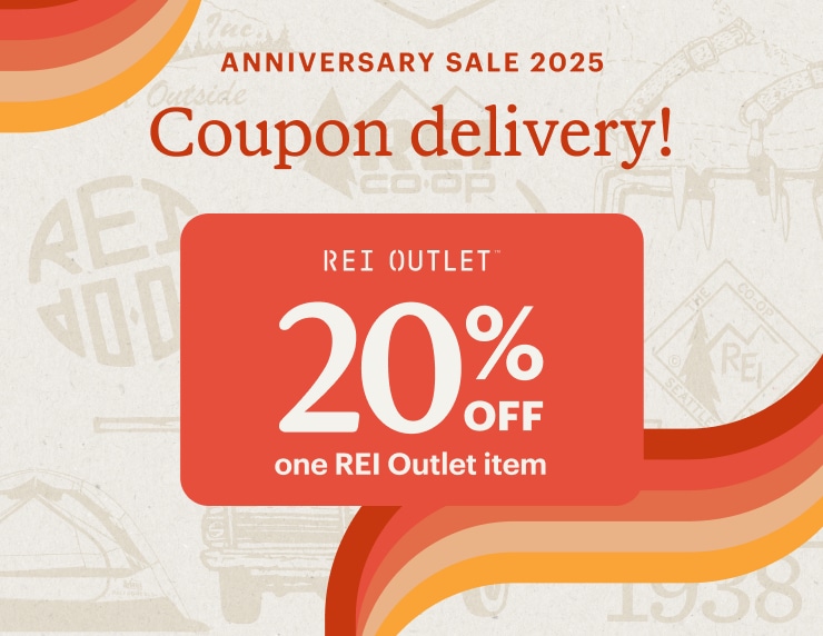 REI Outlet coupon. Headline: ANNIVERSARY SALE 2025. Coupon delivery!
