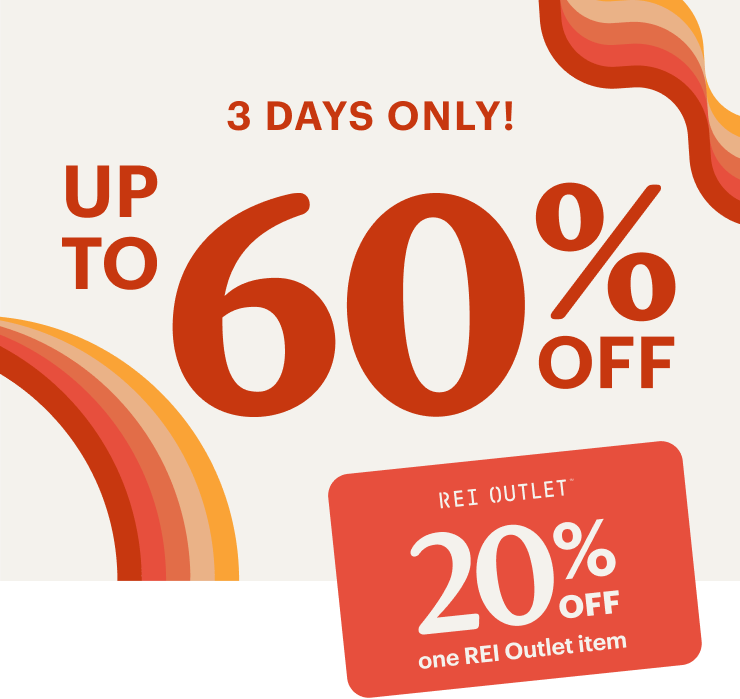 REI Outlet coupon. Headline: 3 DAYS ONLY! UP TO 60% OFF