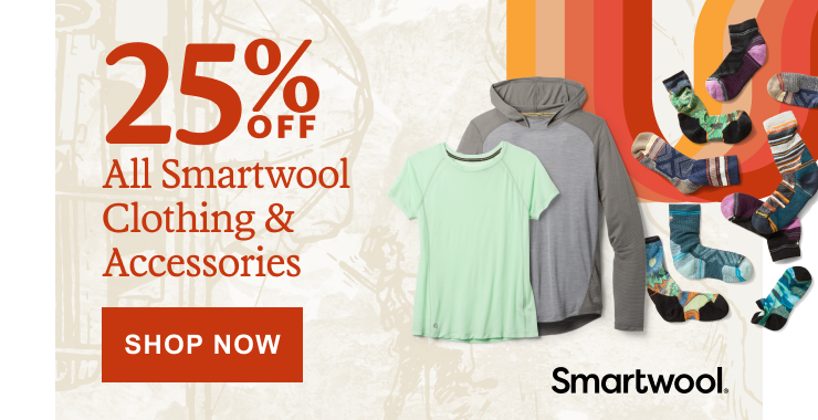 A selection of Smartwool products. Headline: 25% OFF All Smartwool Clothing & Accessories. Click here to SHOP NOW